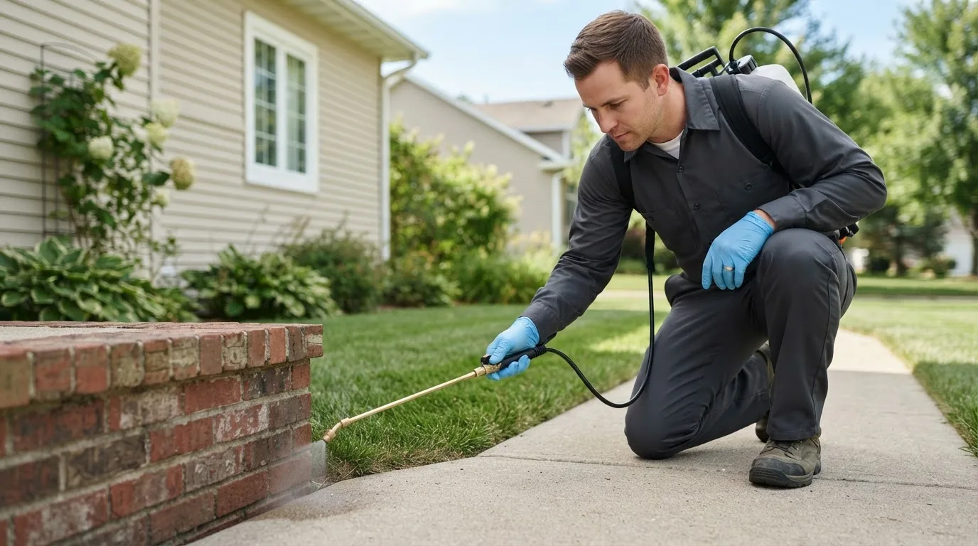 Pest control technician treating a home near Florissant, MO